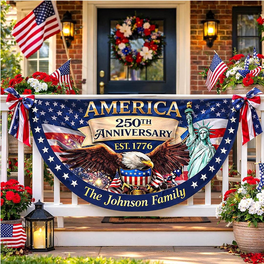 Personalized USA 250th Anniversary Bunting Flag with Family Name, America 1776-2026 Patriotic Eagle Design