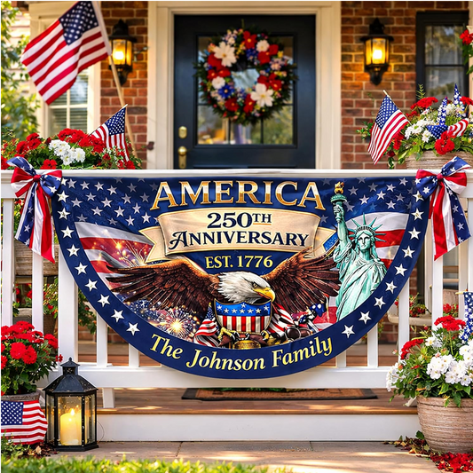 Personalized USA 250th Anniversary Bunting Flag with Family Name, America 1776-2026 Patriotic Eagle Design