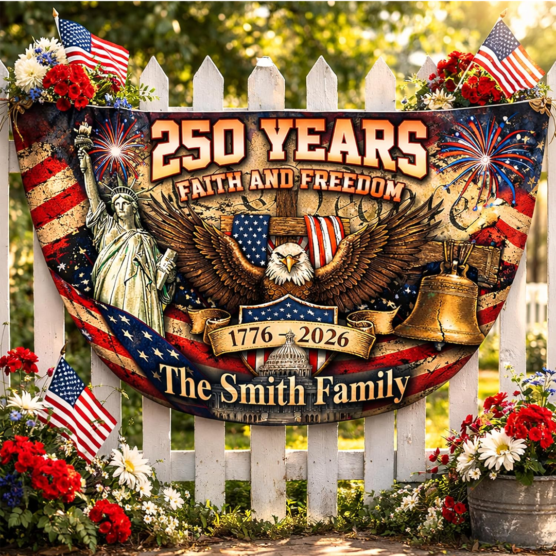 Personalized USA 250th Anniversary Bunting Flag with Family Name, America 1776-2026 Patriotic Eagle Design Banner