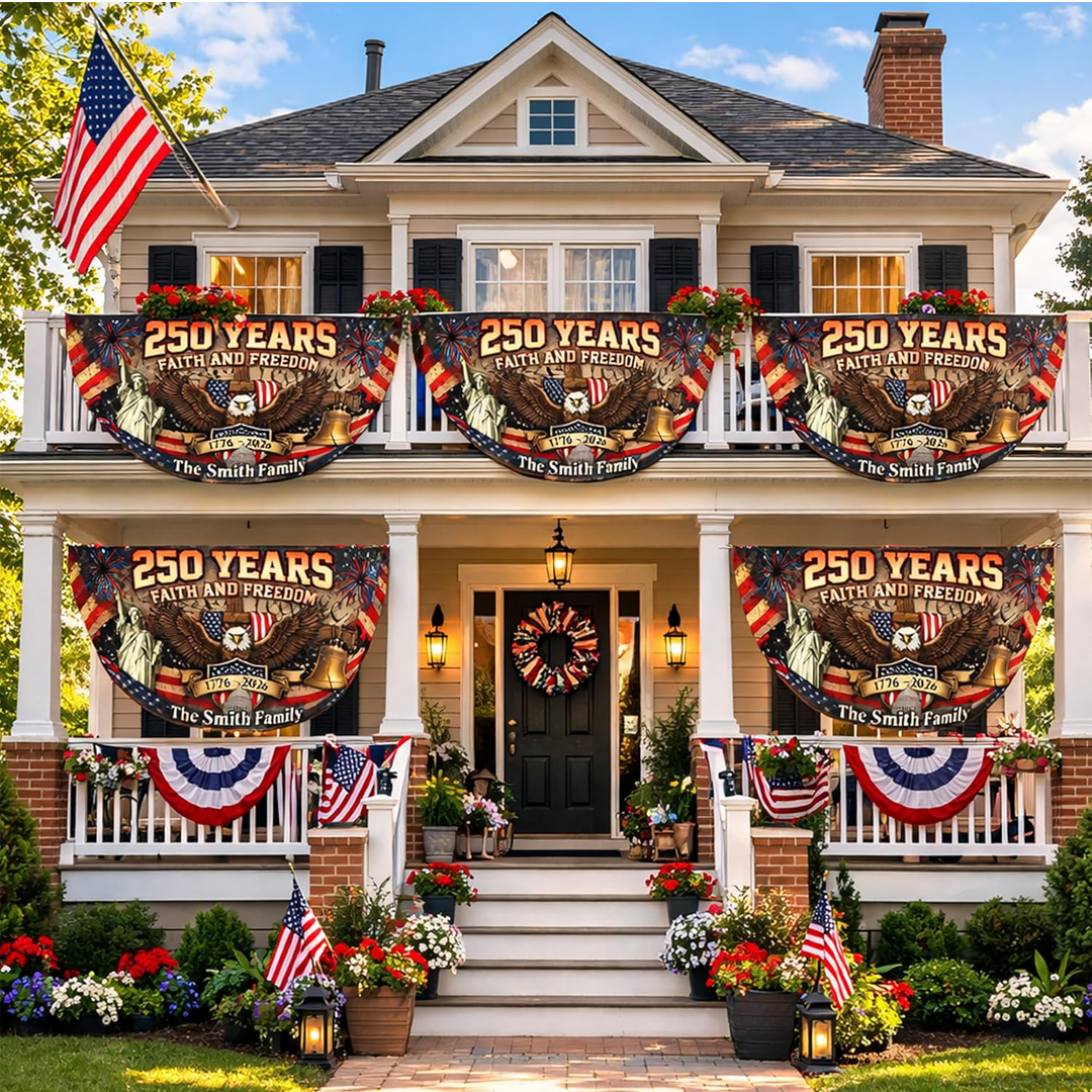 Personalized USA 250th Anniversary Bunting Flag with Family Name, America 1776-2026 Patriotic Eagle Design Banner