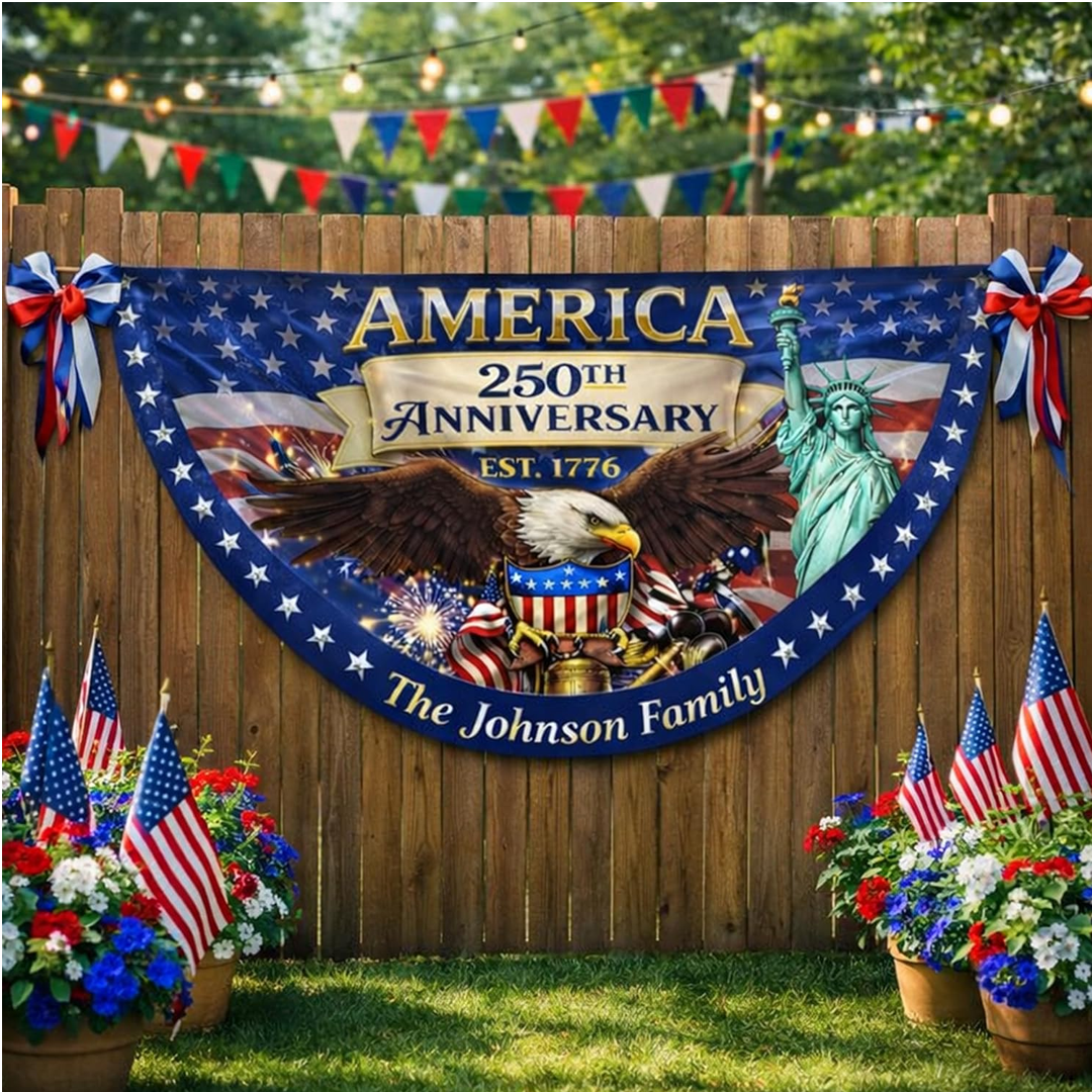 Personalized USA 250th Anniversary Bunting Flag with Family Name, America 1776-2026 Patriotic Eagle Design
