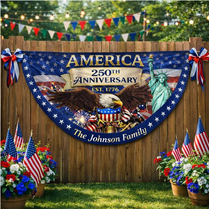 Personalized USA 250th Anniversary Bunting Flag with Family Name, America 1776-2026 Patriotic Eagle Design