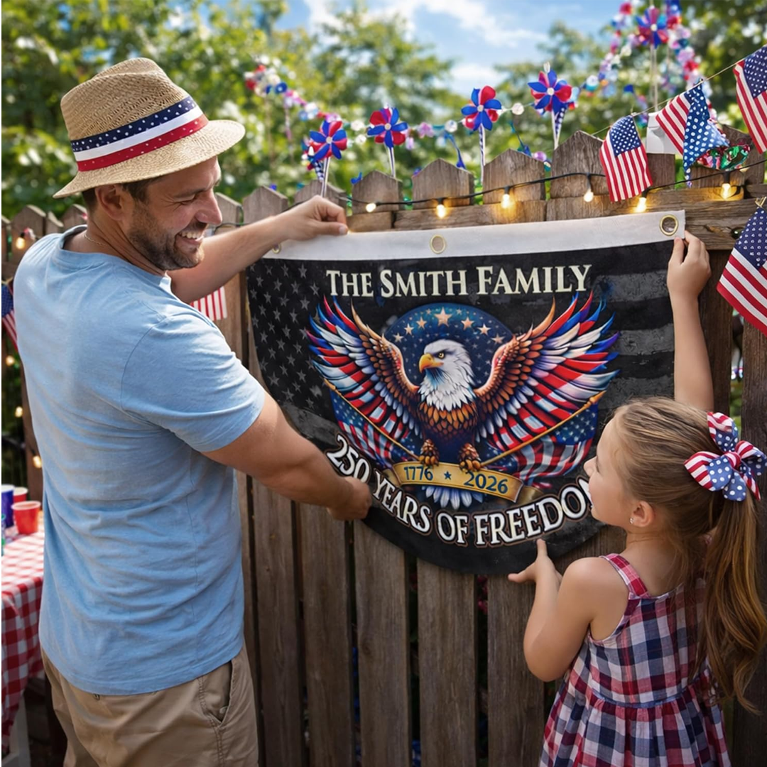 Personalized USA 250th Anniversary Bunting Flag with Family Name, Custom America 250th Birthday Bunting Flag, Patriotic Eagle Design Banner
