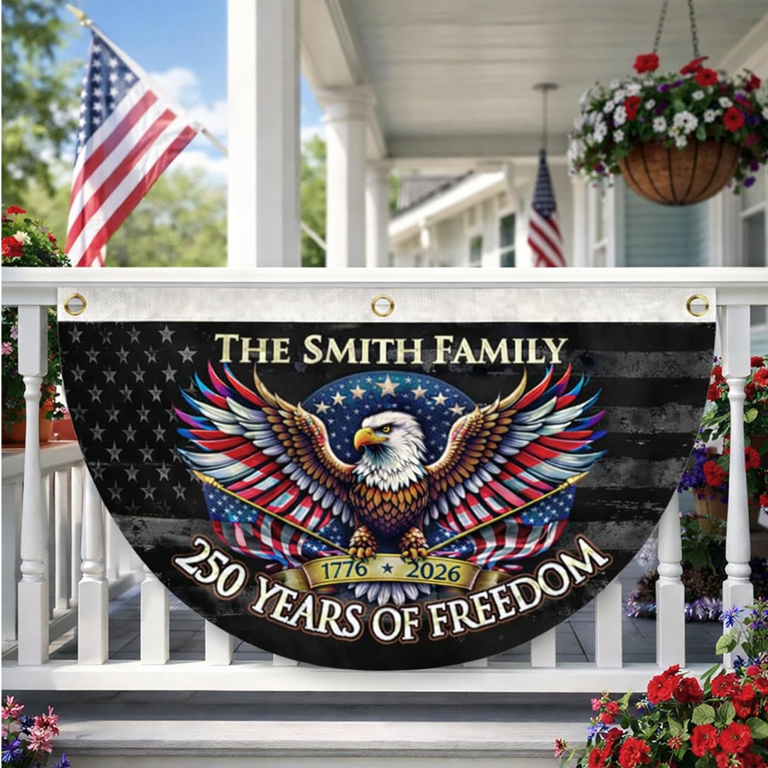 Personalized USA 250th Anniversary Bunting Flag with Family Name, Custom America 250th Birthday Bunting Flag, Patriotic Eagle Design Banner