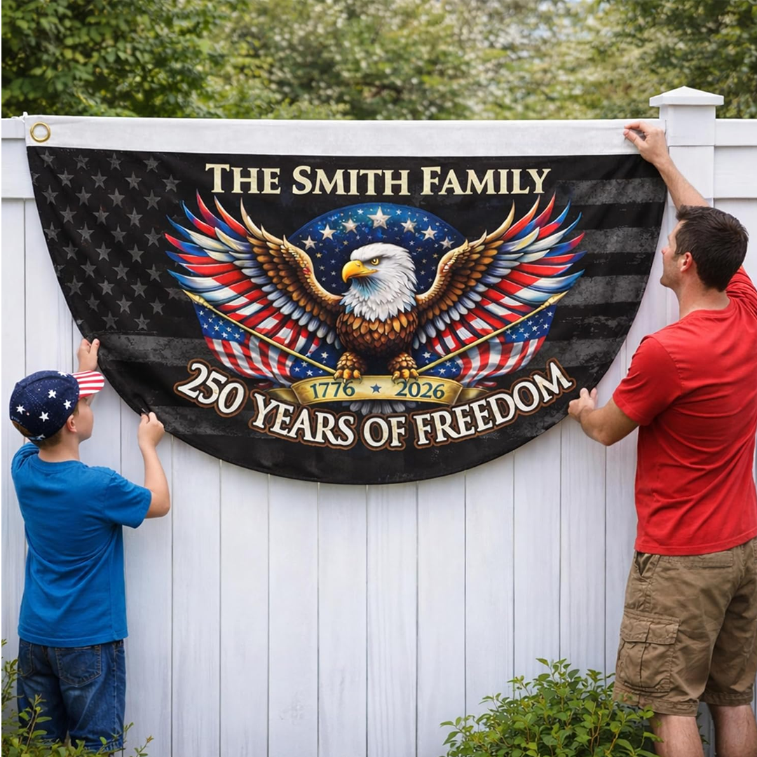 Personalized USA 250th Anniversary Bunting Flag with Family Name, Custom America 250th Birthday Bunting Flag, Patriotic Eagle Design Banner
