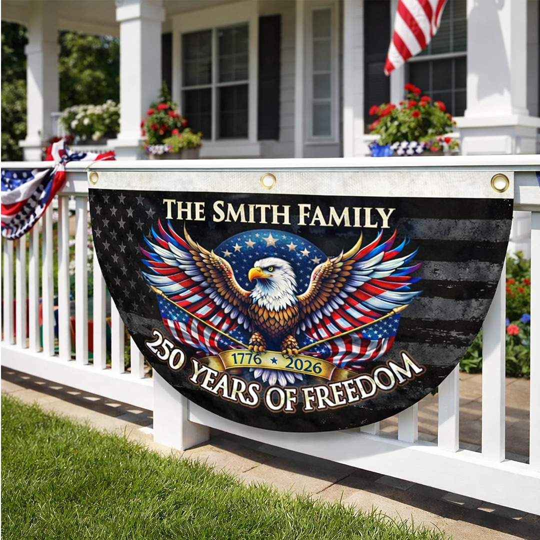 Personalized USA 250th Anniversary Bunting Flag with Family Name, Custom America 250th Birthday Bunting Flag, Patriotic Eagle Design Banner