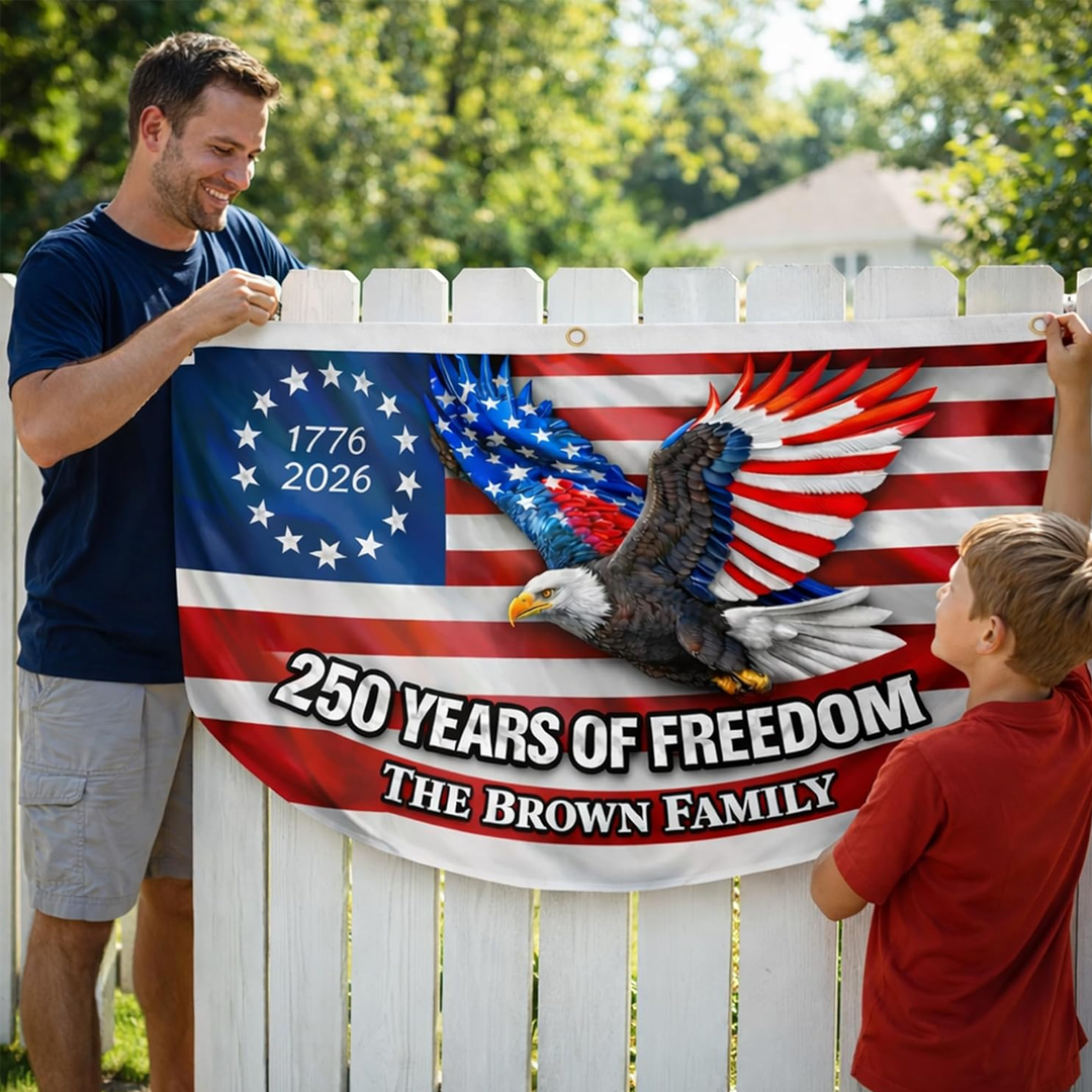 Personalized USA 250th Anniversary Bunting Flag with Family Name, Patriotic Eagle Design 4th of July