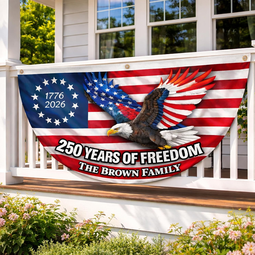 Personalized USA 250th Anniversary Bunting Flag with Family Name, Patriotic Eagle Design 4th of July