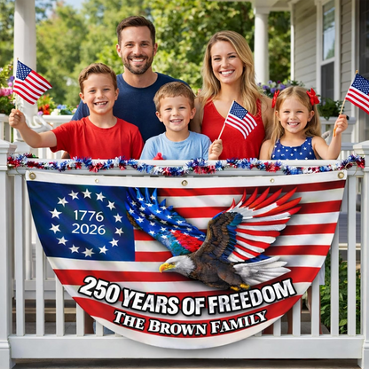 Personalized USA 250th Anniversary Bunting Flag with Family Name, Patriotic Eagle Design 4th of July