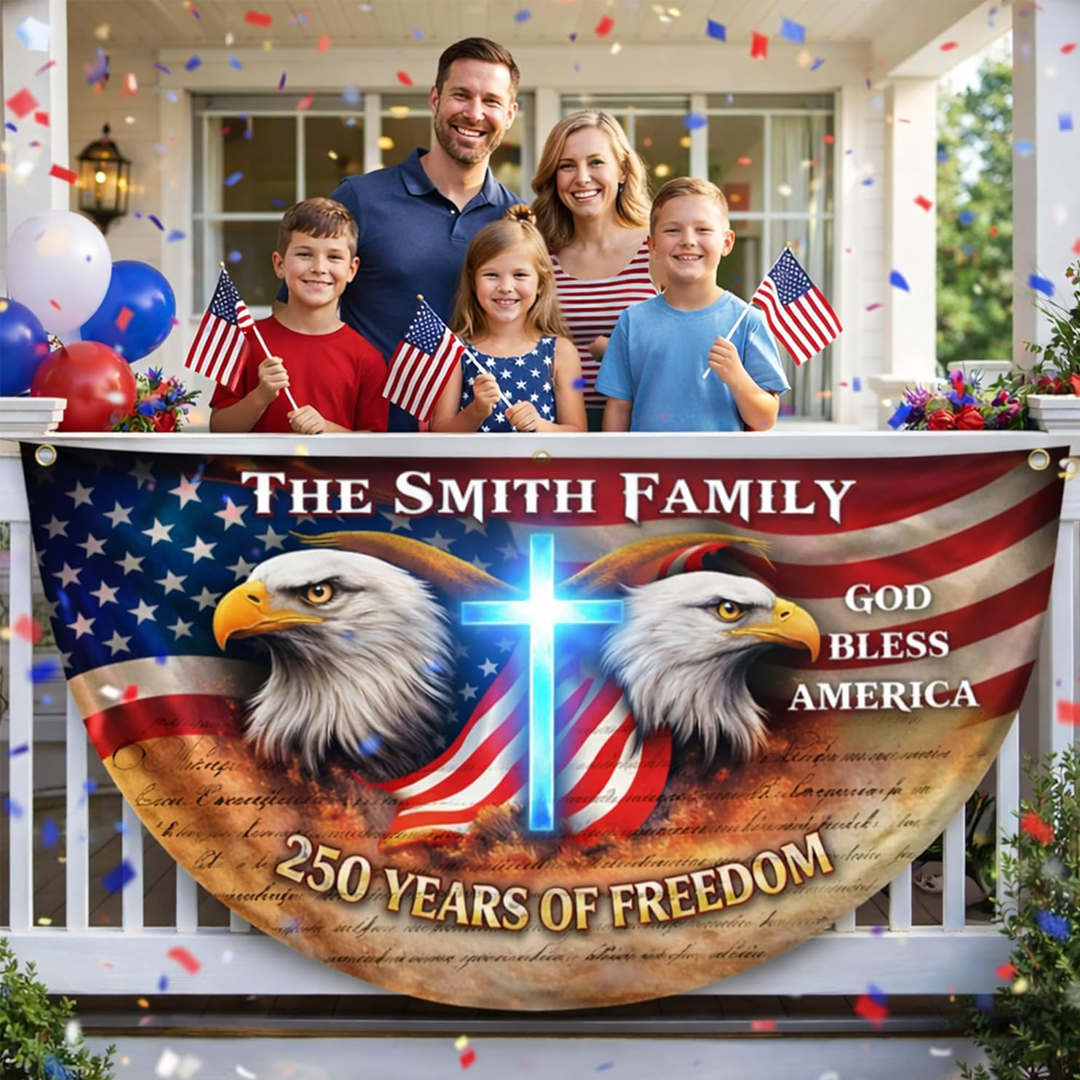 Personalized USA 250th Anniversary Bunting Flag with Family Name, Patriotic Eagle Design Banner, 4th of July