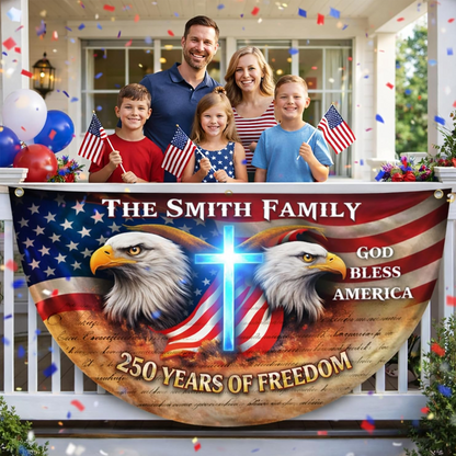 Personalized USA 250th Anniversary Bunting Flag with Family Name, Patriotic Eagle Design Banner, 4th of July