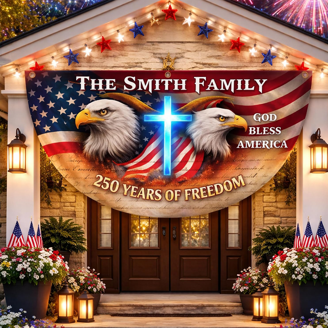 Personalized USA 250th Anniversary Bunting Flag with Family Name, Patriotic Eagle Design Banner, 4th of July