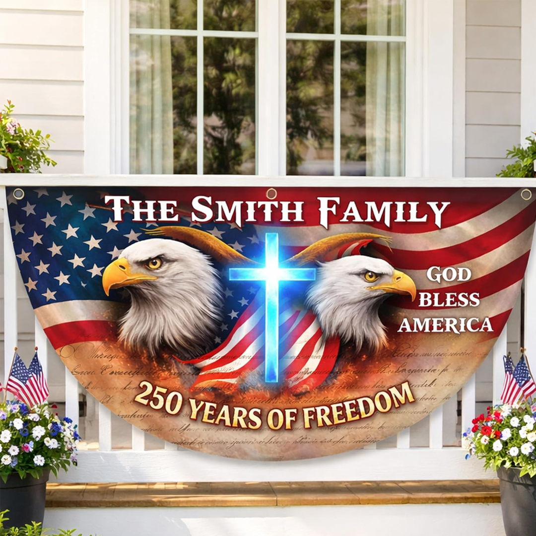 Personalized USA 250th Anniversary Bunting Flag with Family Name, Patriotic Eagle Design Banner, 4th of July