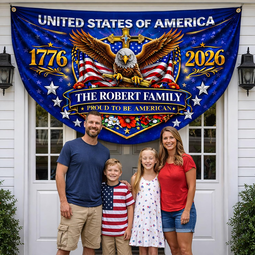 Personalized USA Semiquincentennial Flag with Family Name, Patriotic Bunting Outdoor Decor Banner 250 Years Of Freedom