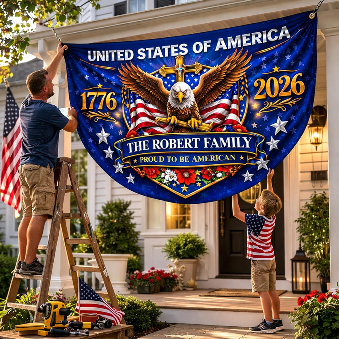 Personalized USA Semiquincentennial Flag with Family Name, Patriotic Bunting Outdoor Decor Banner 250 Years Of Freedom