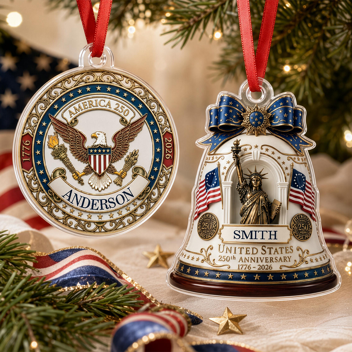 Personalized 250th Anniversary USA Ornament, Custom Family Name Patriotic Acrylic Keepsake, 1776-2026 America Holiday Decor Gift