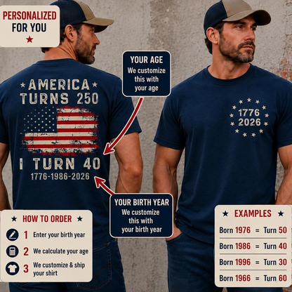 Personalized America Turns 250, Custom Birth Year Birthday Gift, USA 250th Anniversary T-Shirt