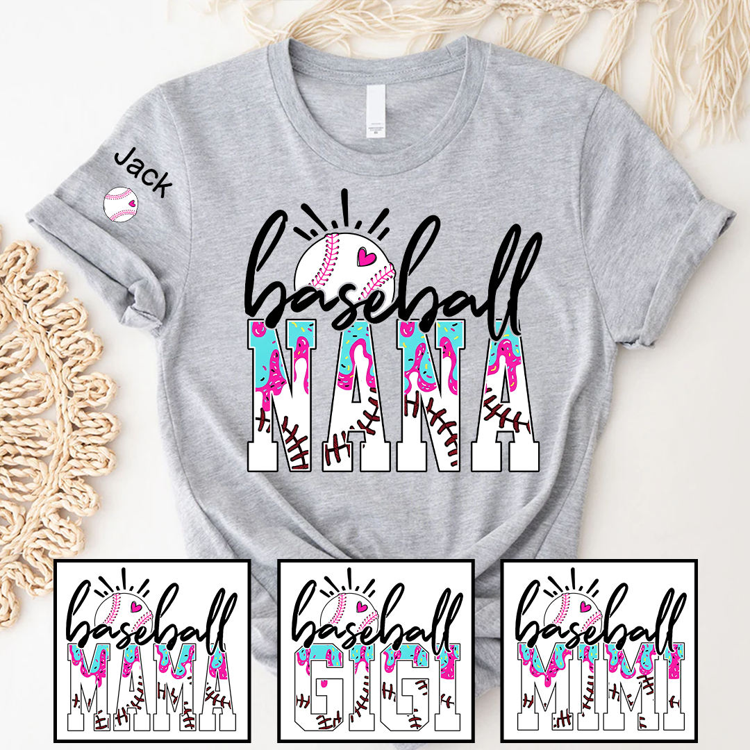 Personalized Baseball Grandma Gigi Mimi Drip Varsity Glitter and Grandkids T-shirt