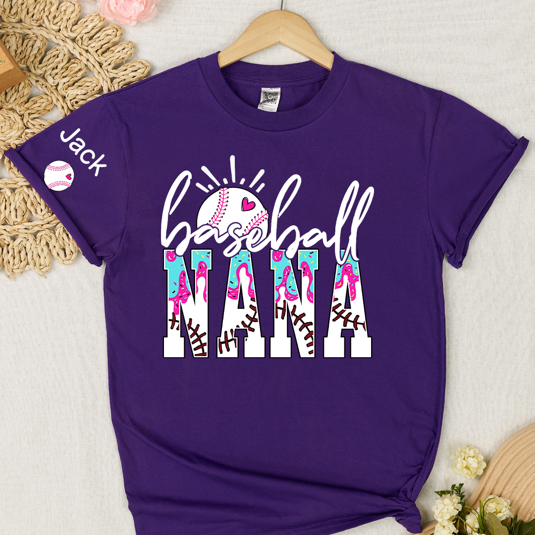 Personalized Baseball Grandma Gigi Mimi Drip Varsity Glitter and Grandkids T-shirt