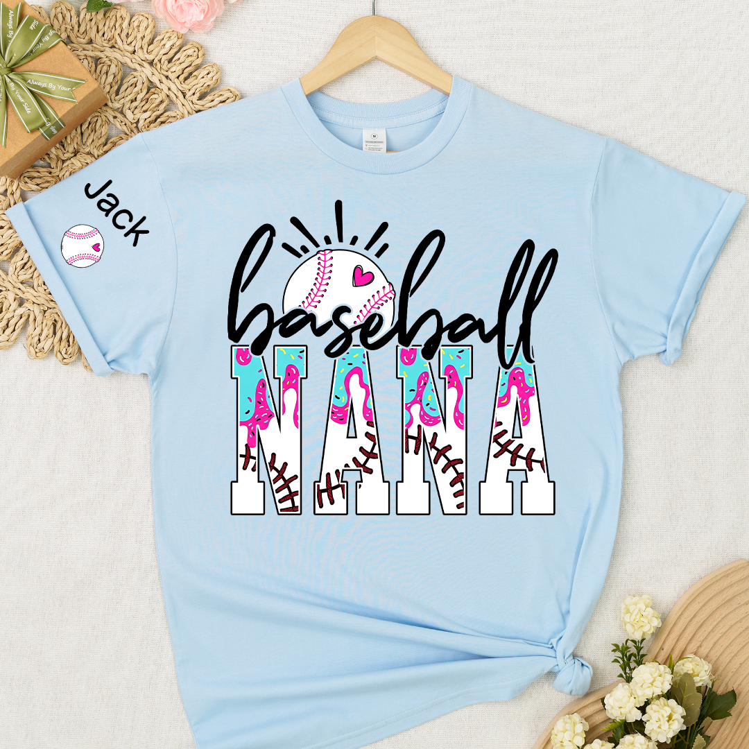 Personalized Baseball Grandma Gigi Mimi Drip Varsity Glitter and Grandkids T-shirt