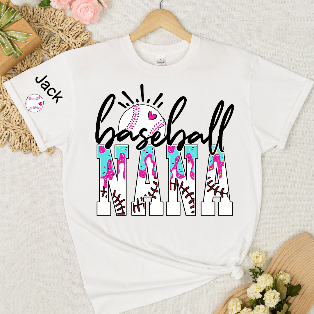 Personalized Baseball Grandma Gigi Mimi Drip Varsity Glitter and Grandkids T-shirt