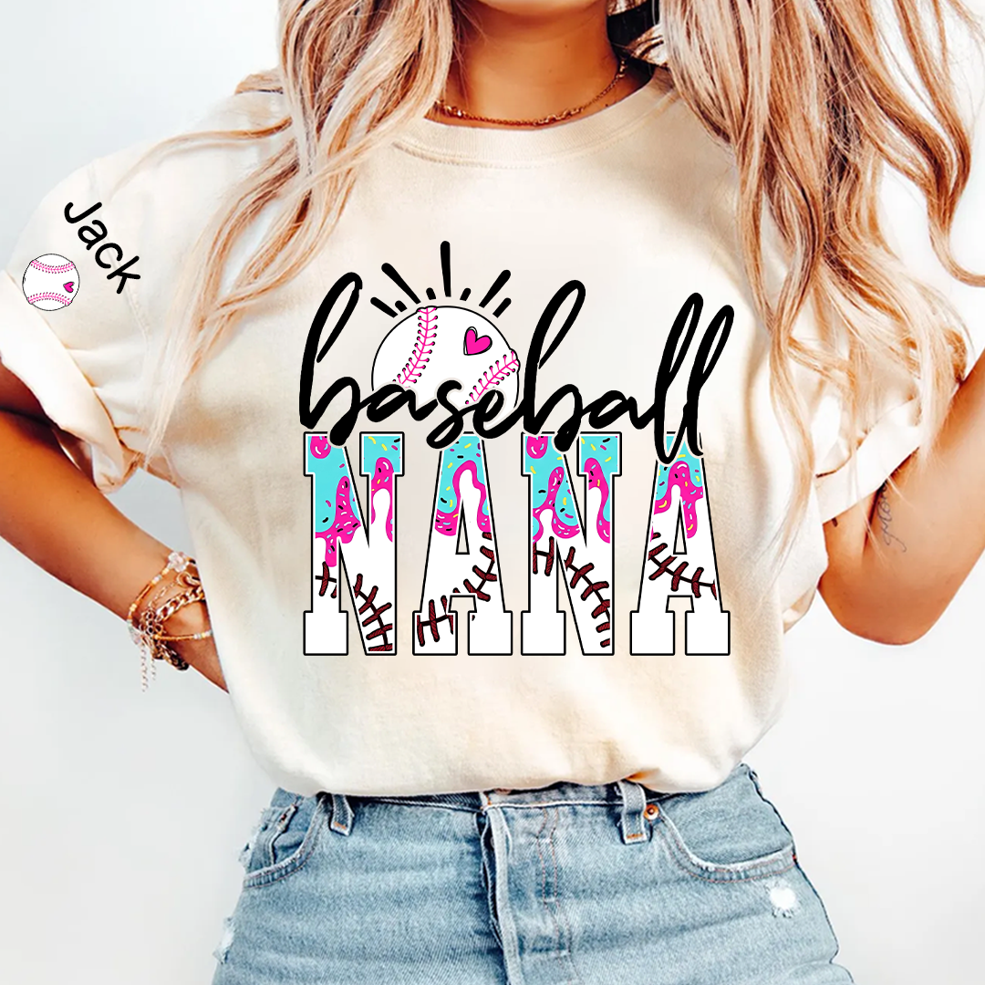Personalized Baseball Grandma Gigi Mimi Drip Varsity Glitter and Grandkids T-shirt