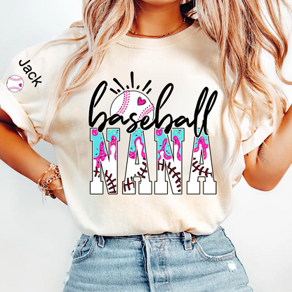 Personalized Baseball Grandma Gigi Mimi Drip Varsity Glitter and Grandkids T-shirt