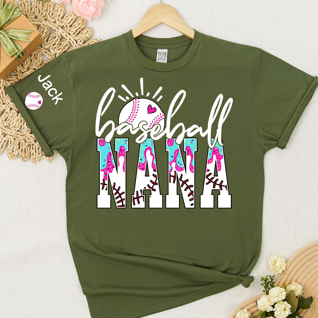Personalized Baseball Grandma Gigi Mimi Drip Varsity Glitter and Grandkids T-shirt