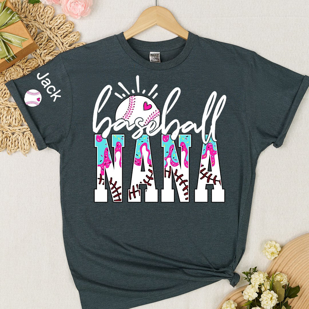 Personalized Baseball Grandma Gigi Mimi Drip Varsity Glitter and Grandkids T-shirt