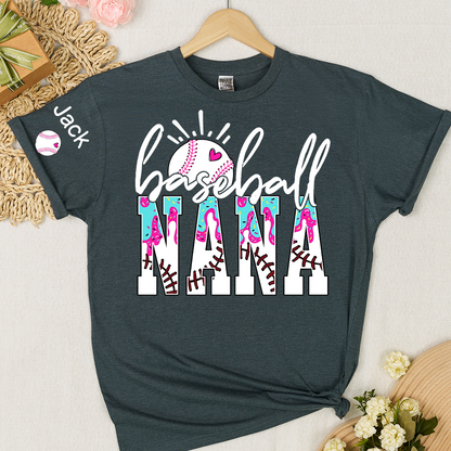 Personalized Baseball Grandma Gigi Mimi Drip Varsity Glitter and Grandkids T-shirt