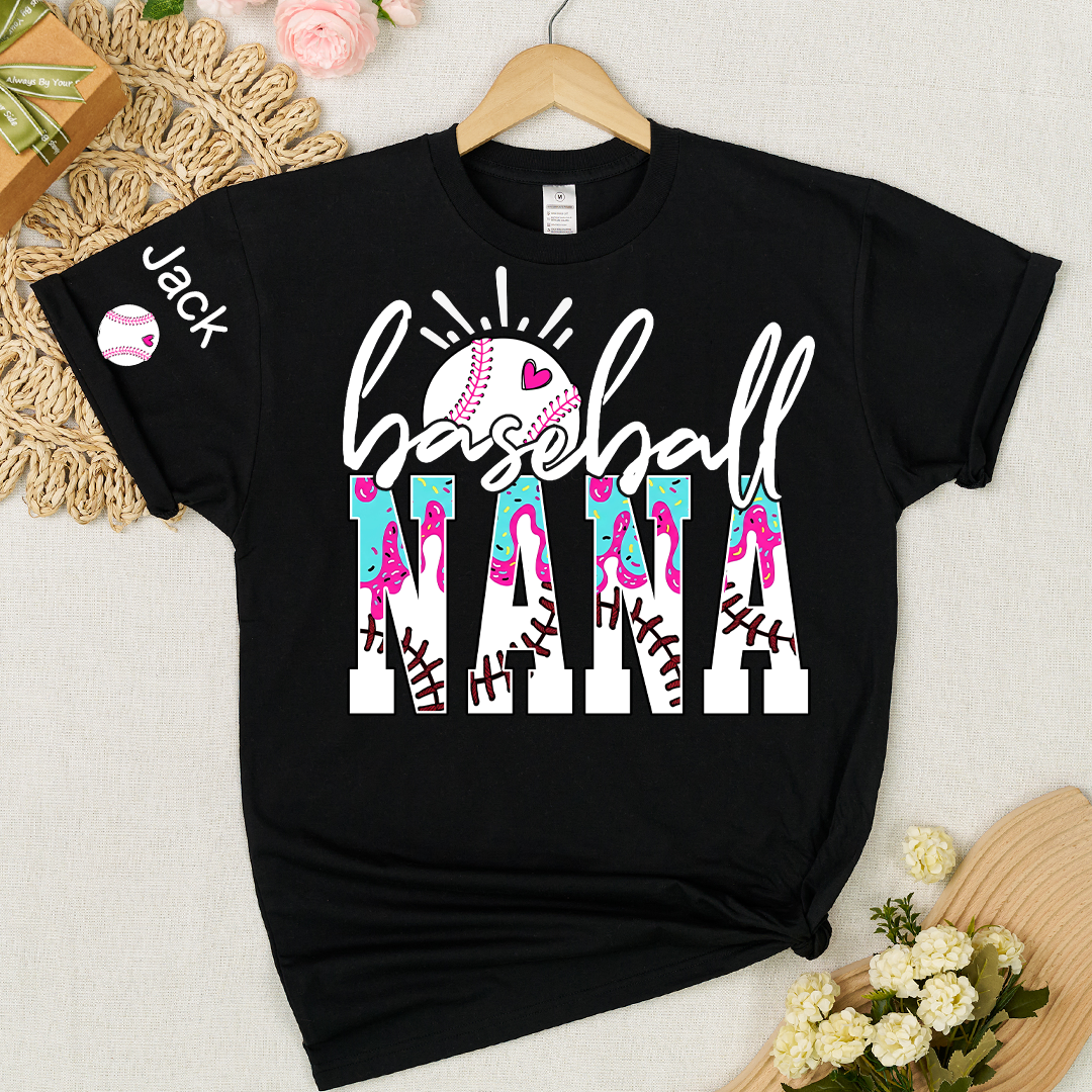 Personalized Baseball Grandma Gigi Mimi Drip Varsity Glitter and Grandkids T-shirt