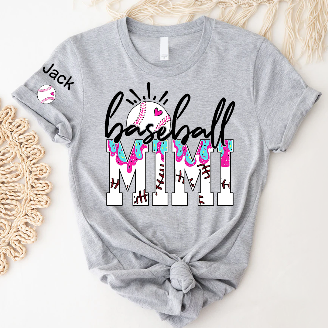 Personalized Baseball Grandma Gigi Mimi Drip Varsity Glitter and Grandkids T-shirt