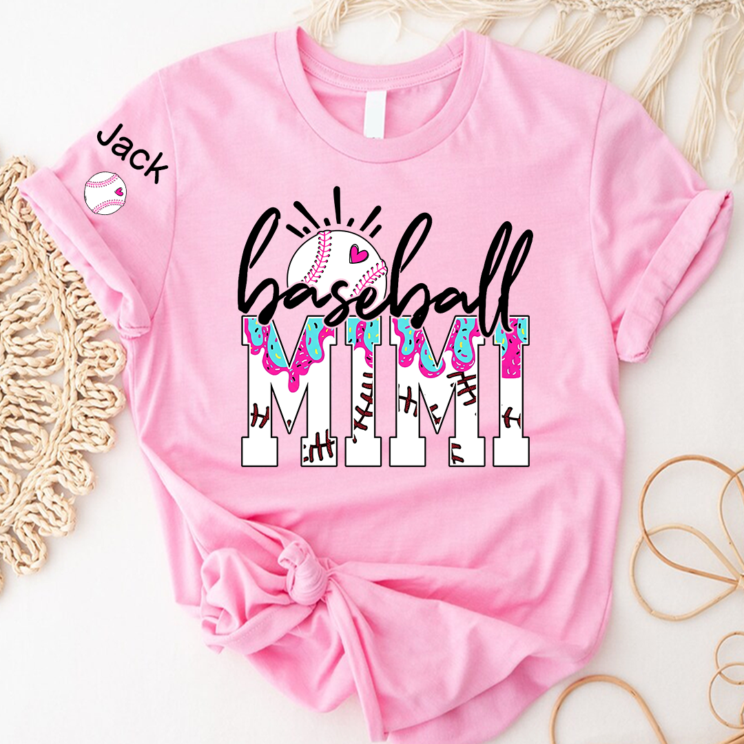 Personalized Baseball Grandma Gigi Mimi Drip Varsity Glitter and Grandkids T-shirt
