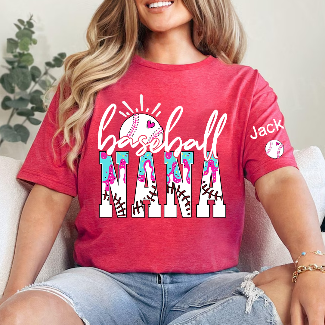 Personalized Baseball Grandma Gigi Mimi Drip Varsity Glitter and Grandkids T-shirt