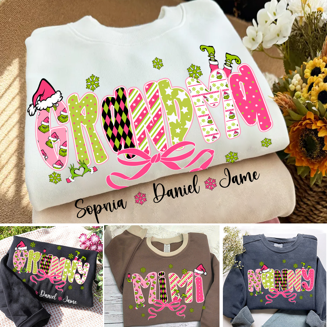 Personalized Christmas Grandma and Grankids Pink Snow Shirt