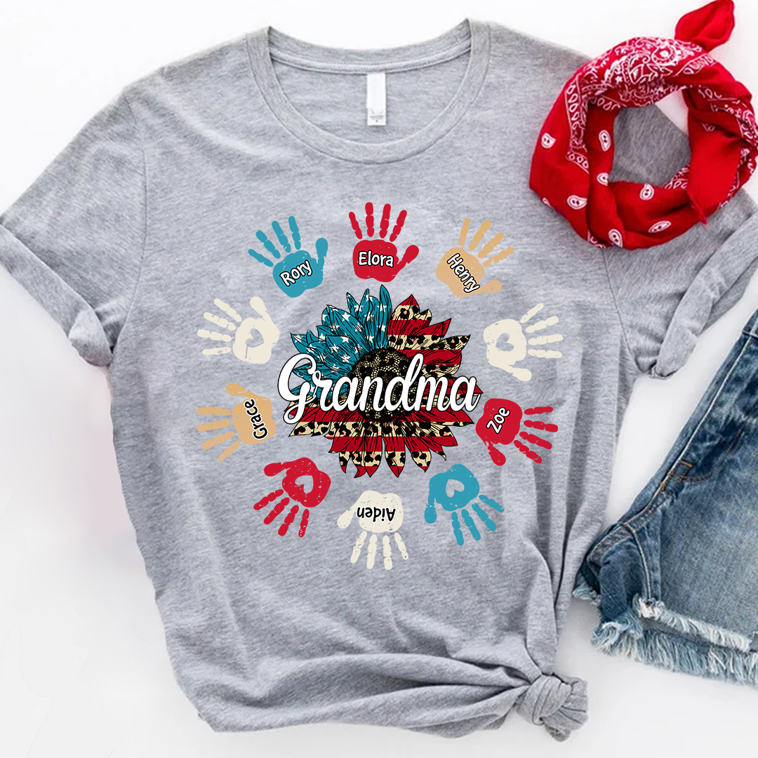 Personalized Custom T-Shirt - 4th Of July Gift For Grandma - Nana Sunflower Hand Kids