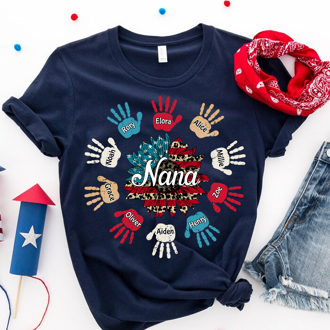 Personalized Custom T-Shirt - 4th Of July Gift For Grandma - Nana Sunflower Hand Kids