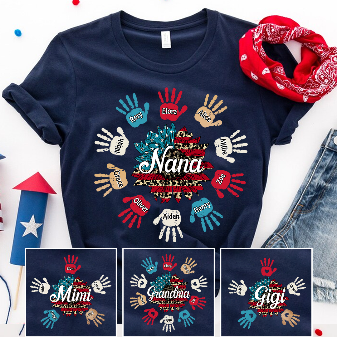 Personalized Custom T-Shirt - 4th Of July Gift For Grandma - Nana Sunflower Hand Kids