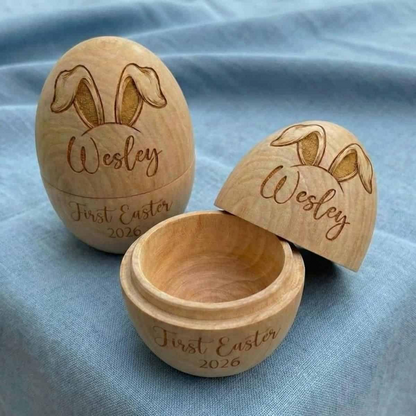 Personalized Engraved Name & Initial Bunnies Wooden Easter Egg, Basket Stuffer, Farmhouse Spring Tabletop Decor, Easter Gift for Kids