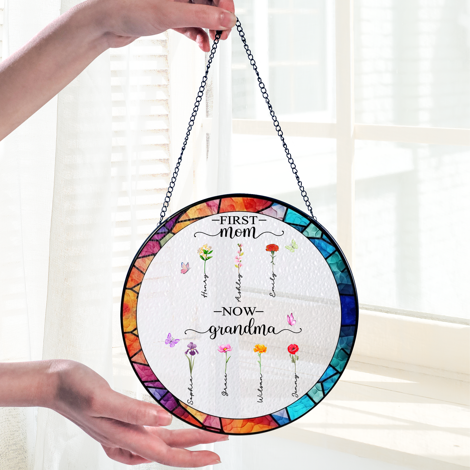 Personalized First Mom Now Grandma Stained Glass Suncatcher – Custom Names Window Hanging Gift