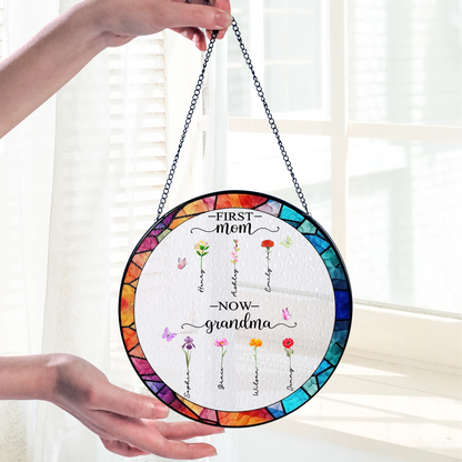 Personalized First Mom Now Grandma Stained Glass Suncatcher – Custom Names Window Hanging Gift