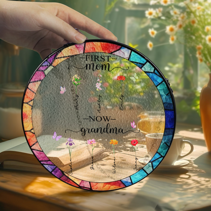 Personalized First Mom Now Grandma Stained Glass Suncatcher – Custom Names Window Hanging Gift
