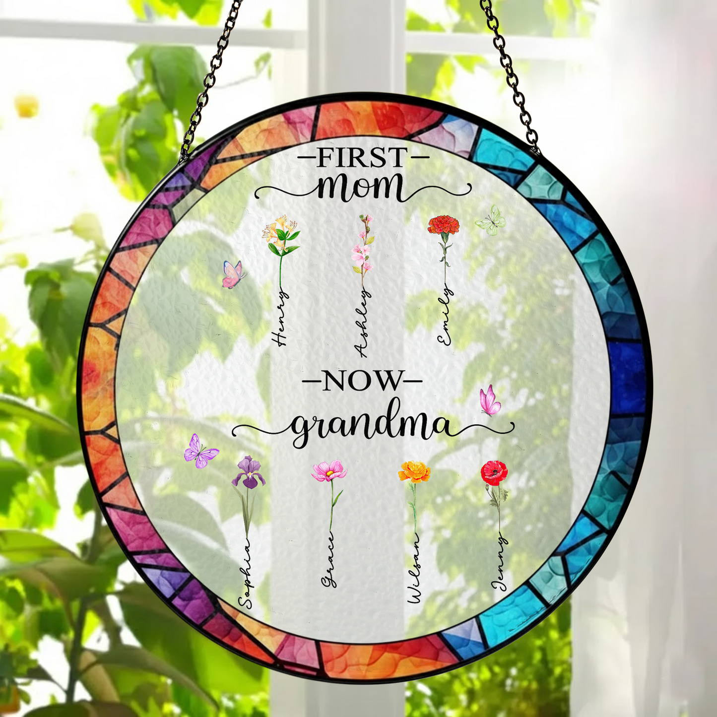 Personalized First Mom Now Grandma Stained Glass Suncatcher – Custom Names Window Hanging Gift