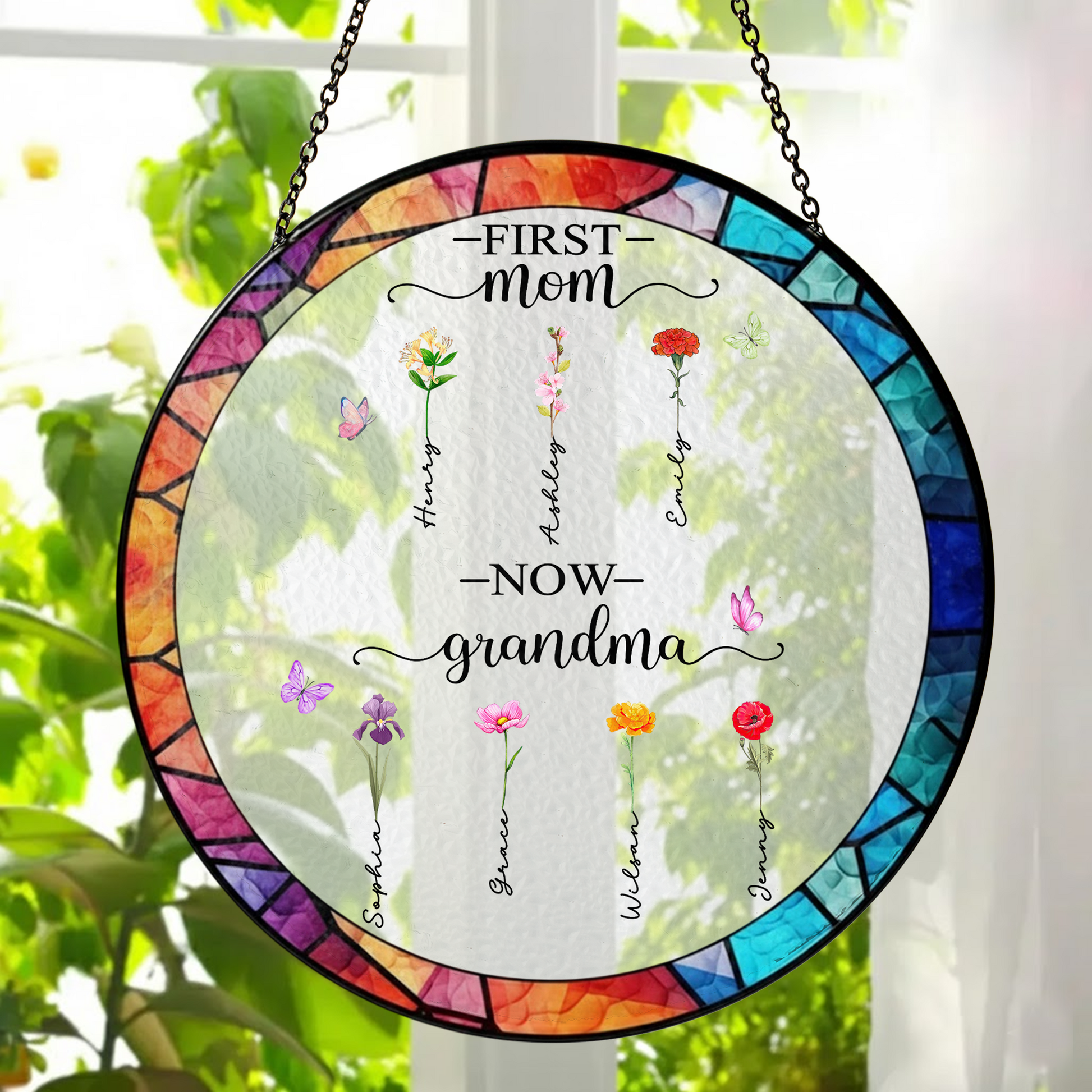Personalized First Mom Now Grandma Stained Glass Suncatcher – Custom Names Window Hanging Gift