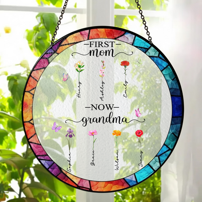 Personalized First Mom Now Grandma Stained Glass Suncatcher – Custom Names Window Hanging Gift