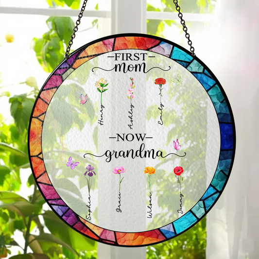 Personalized First Mom Now Grandma Stained Glass Suncatcher – Custom Names Window Hanging Gift