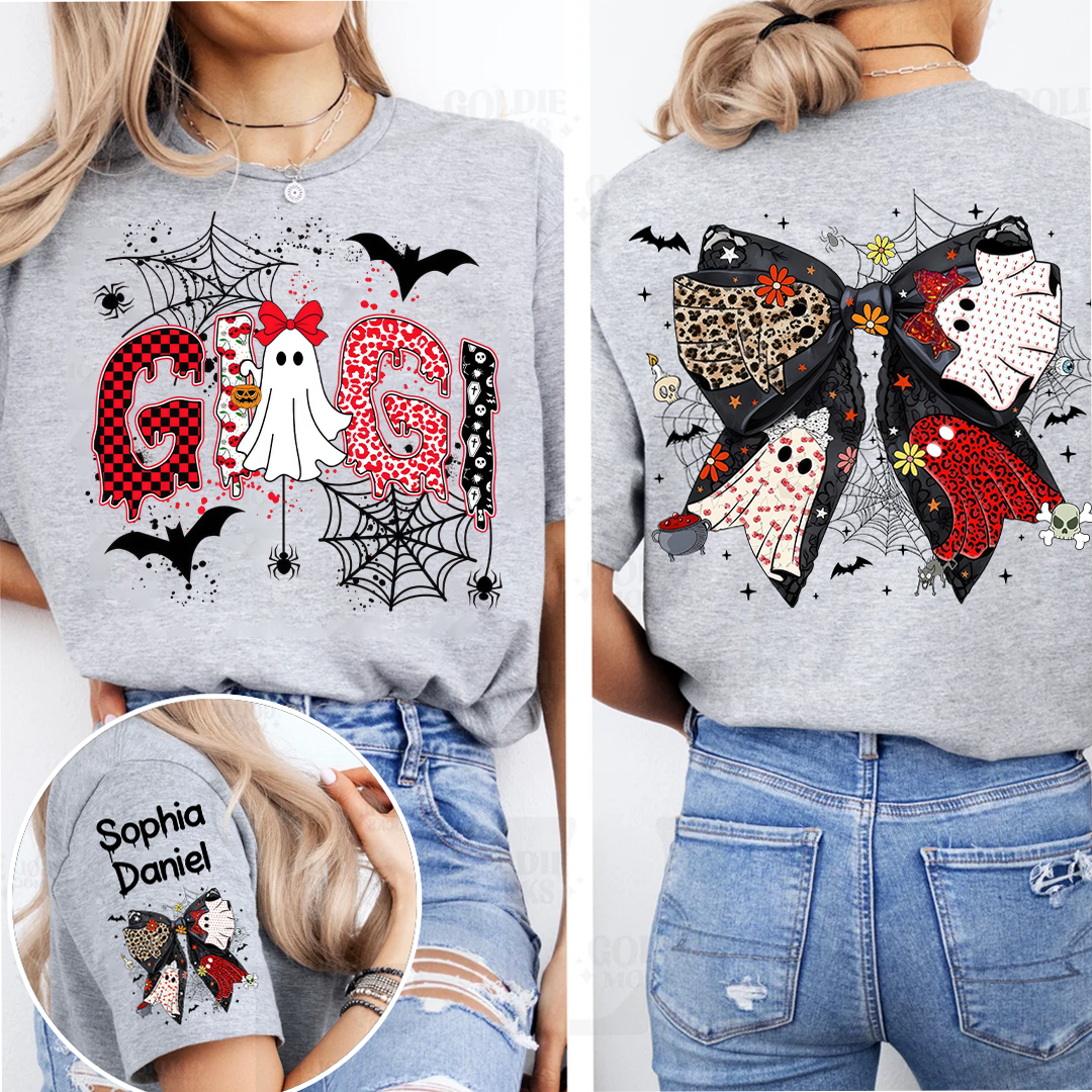 Personalized Gigi Halloween Shirt with Ghost & Spider Webs – Custom Grandkids Names on Sleeve & Back Bow T-shirt