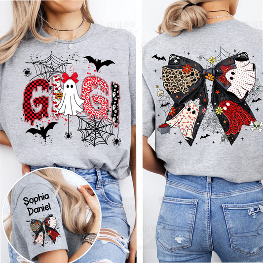 Personalized Gigi Halloween Shirt with Ghost & Spider Webs – Custom Grandkids Names on Sleeve & Back Bow T-shirt