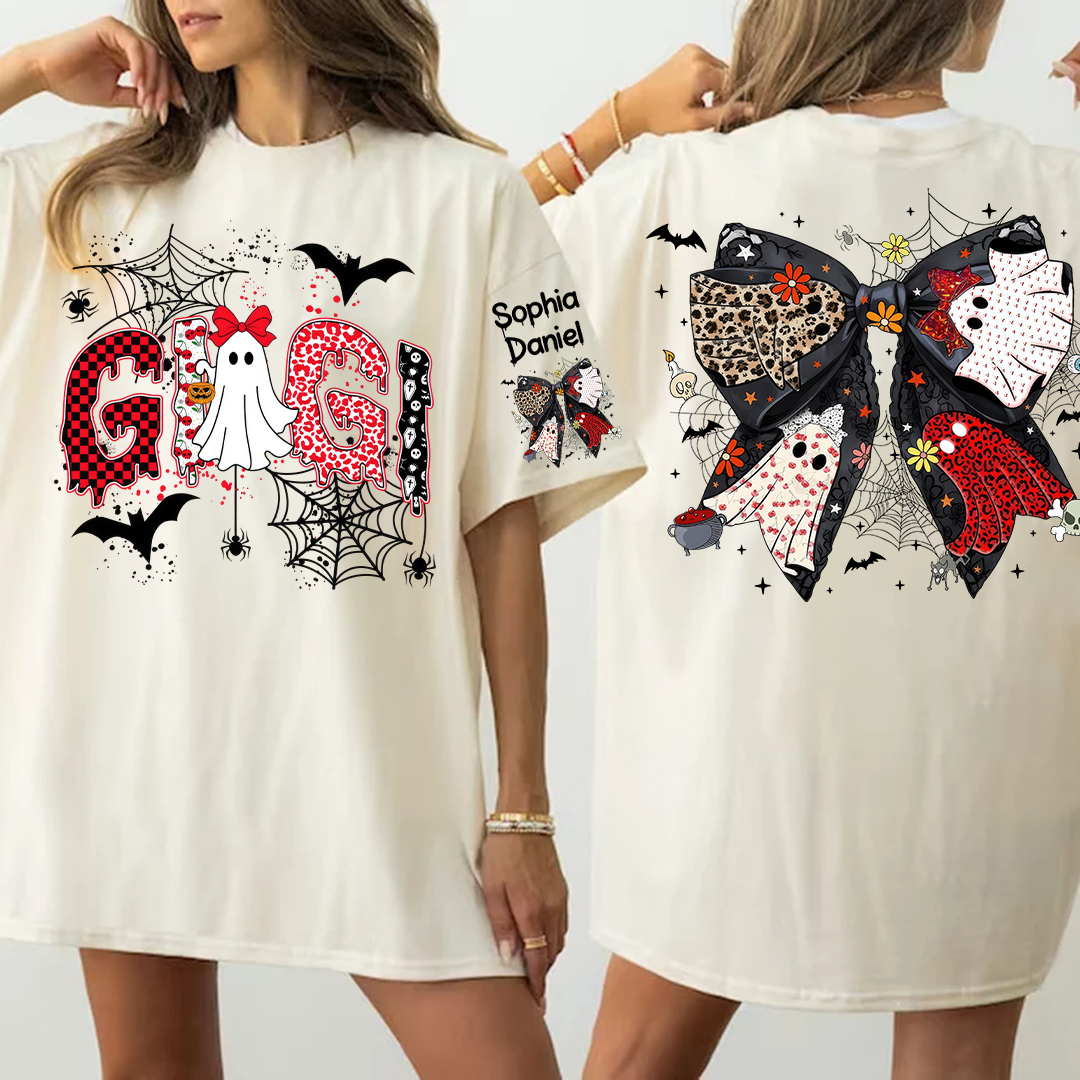 Personalized Gigi Halloween Shirt with Ghost & Spider Webs – Custom Grandkids Names on Sleeve & Back Bow T-shirt