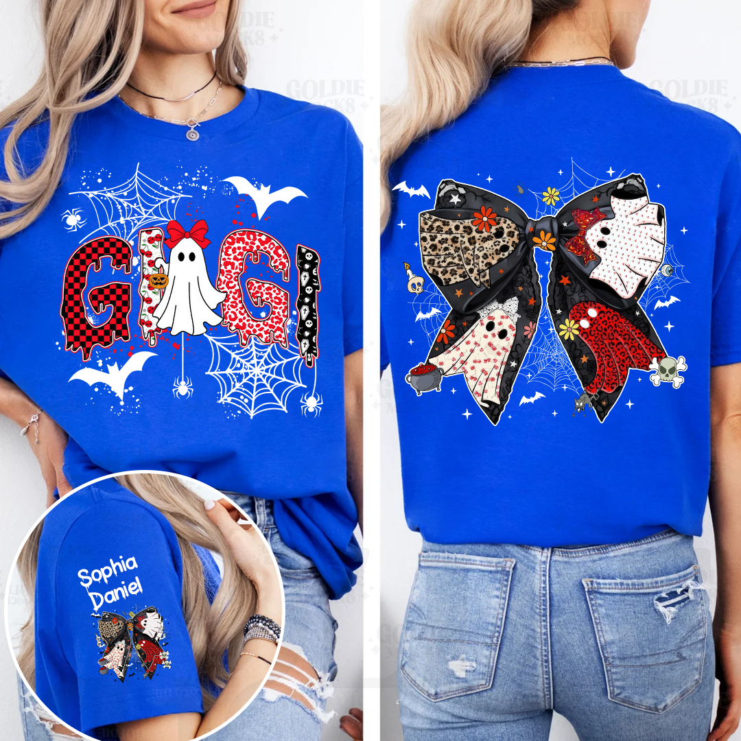 Personalized Gigi Halloween Shirt with Ghost & Spider Webs – Custom Grandkids Names on Sleeve & Back Bow T-shirt